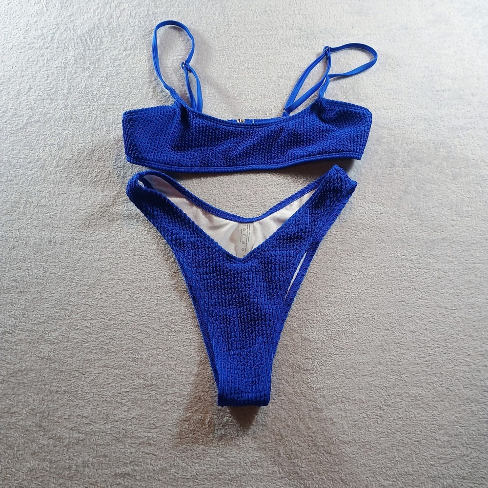 Unbranded Women Bikini Set Blue S Smocked Textured High Cut Two Piece Coastal
